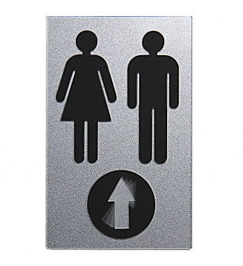 Toilettenschild, Wegweiser "Frau + Mann mit Pfeil" (schwarz-silber)
