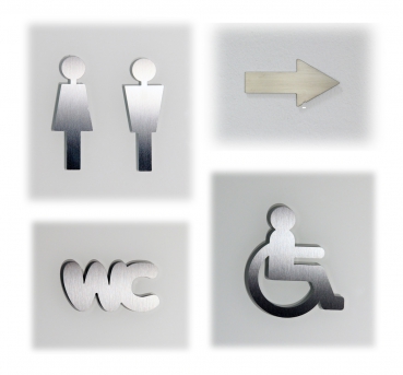 Türschildset - Rollstuhlfahrer + Frau+Mann+Pfeil+WC  Edelstahl matt