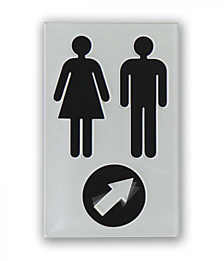 Toilettenschild, Wegweiser "Frau + Mann mit Pfeil" (schwarz-weiß)